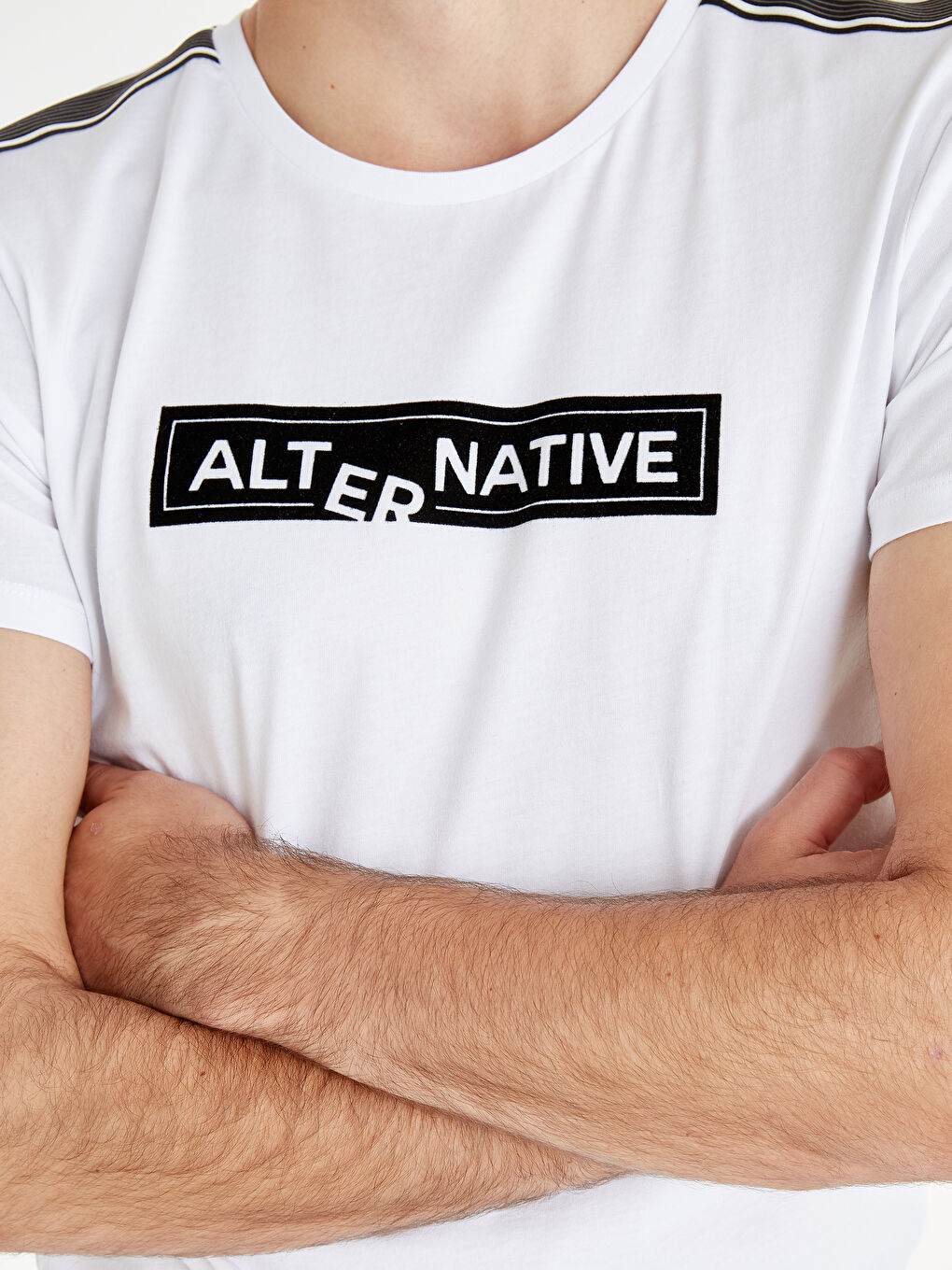 Beyaz Bisiklet Yaka Penye Erkek Tişört-4