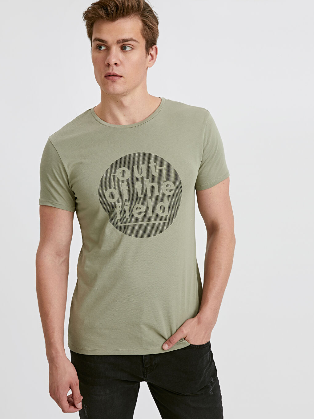 Bej Bisiklet Yaka Penye Erkek Tişört