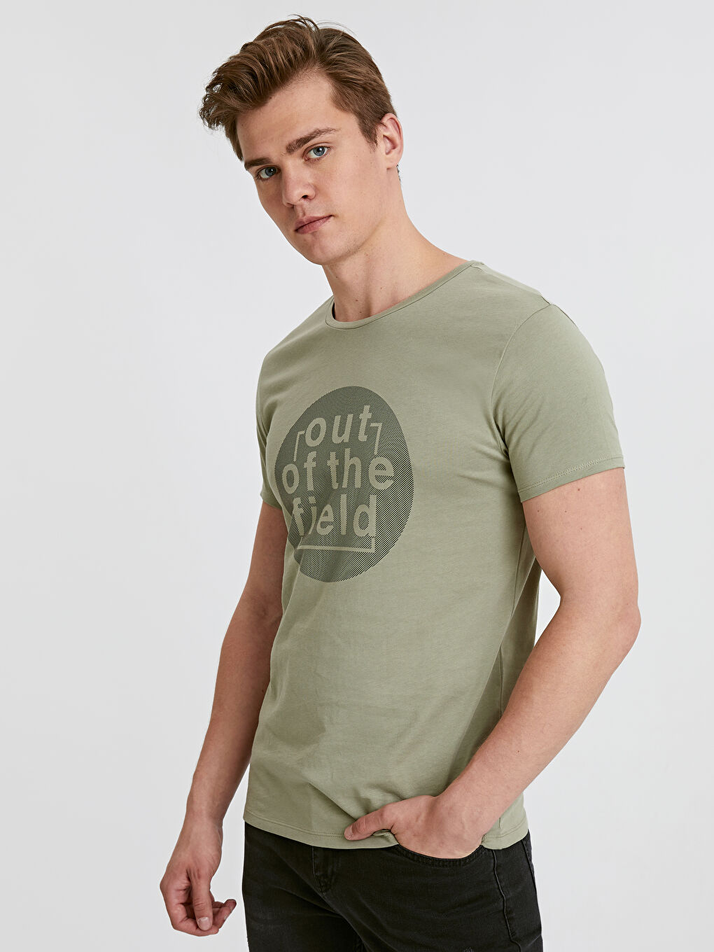 Bej Bisiklet Yaka Penye Erkek Tişört-1