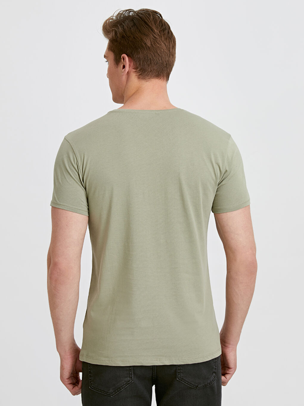 Bej Bisiklet Yaka Penye Erkek Tişört-2