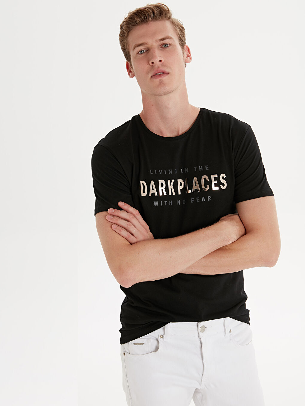 Siyah Bisiklet Yaka Penye Erkek Tişört-1