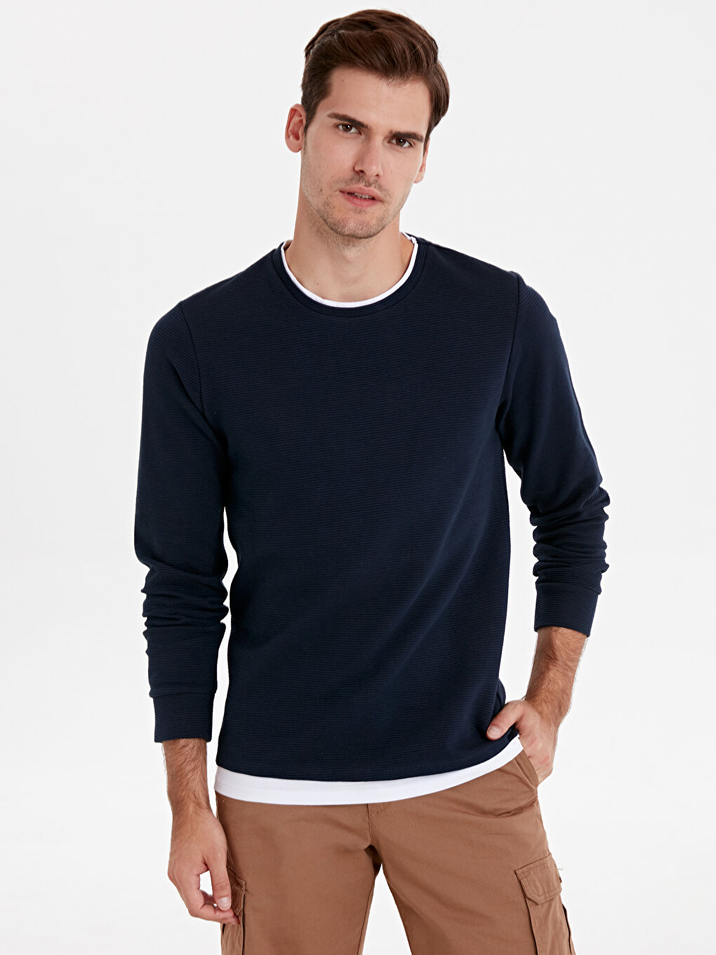 Lacivert Bisiklet Yaka Uzun Kollu Basic Erkek Sweatshirt