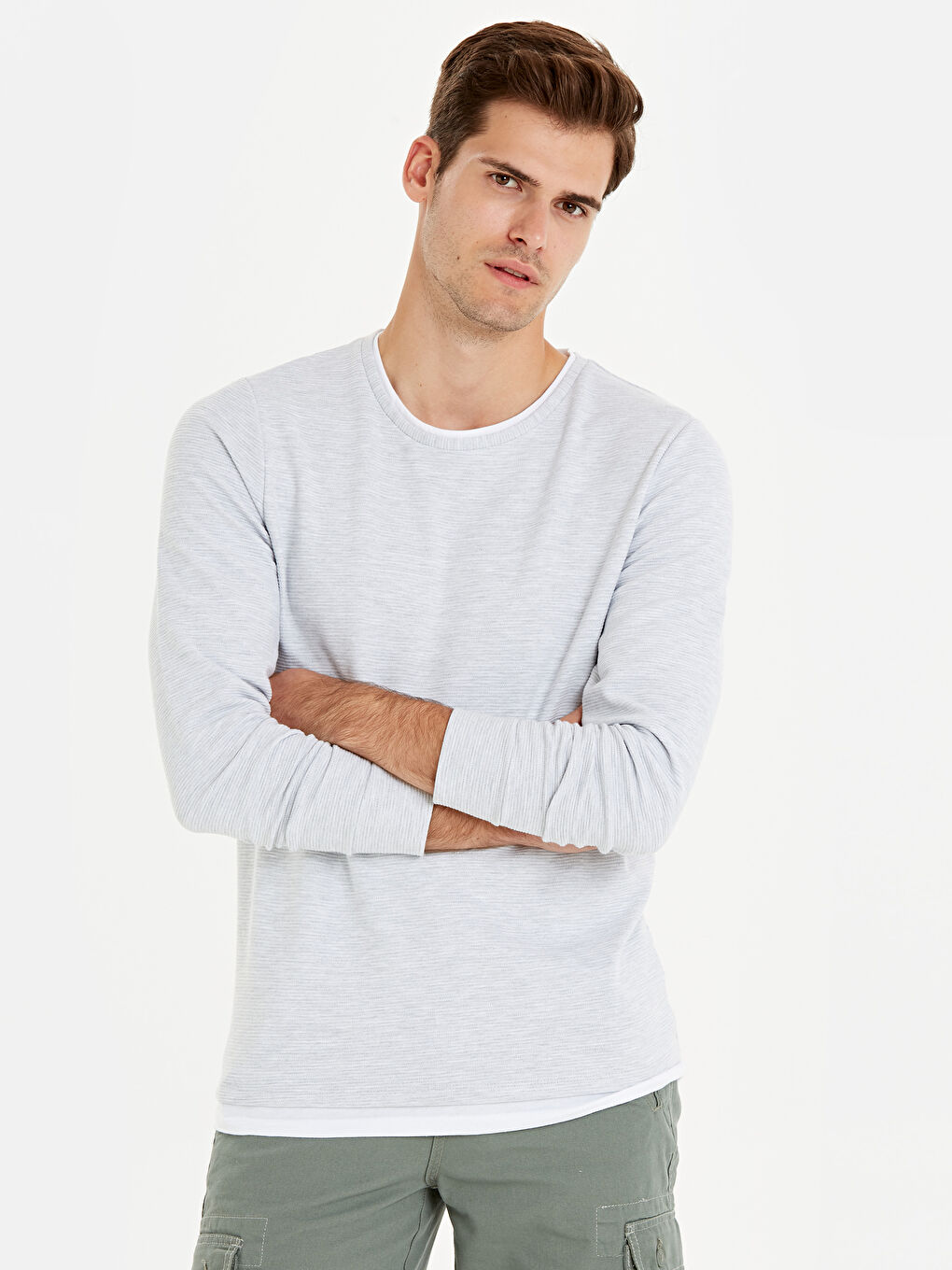 Gri Bisiklet Yaka Uzun Kollu Basic Erkek Sweatshirt-2