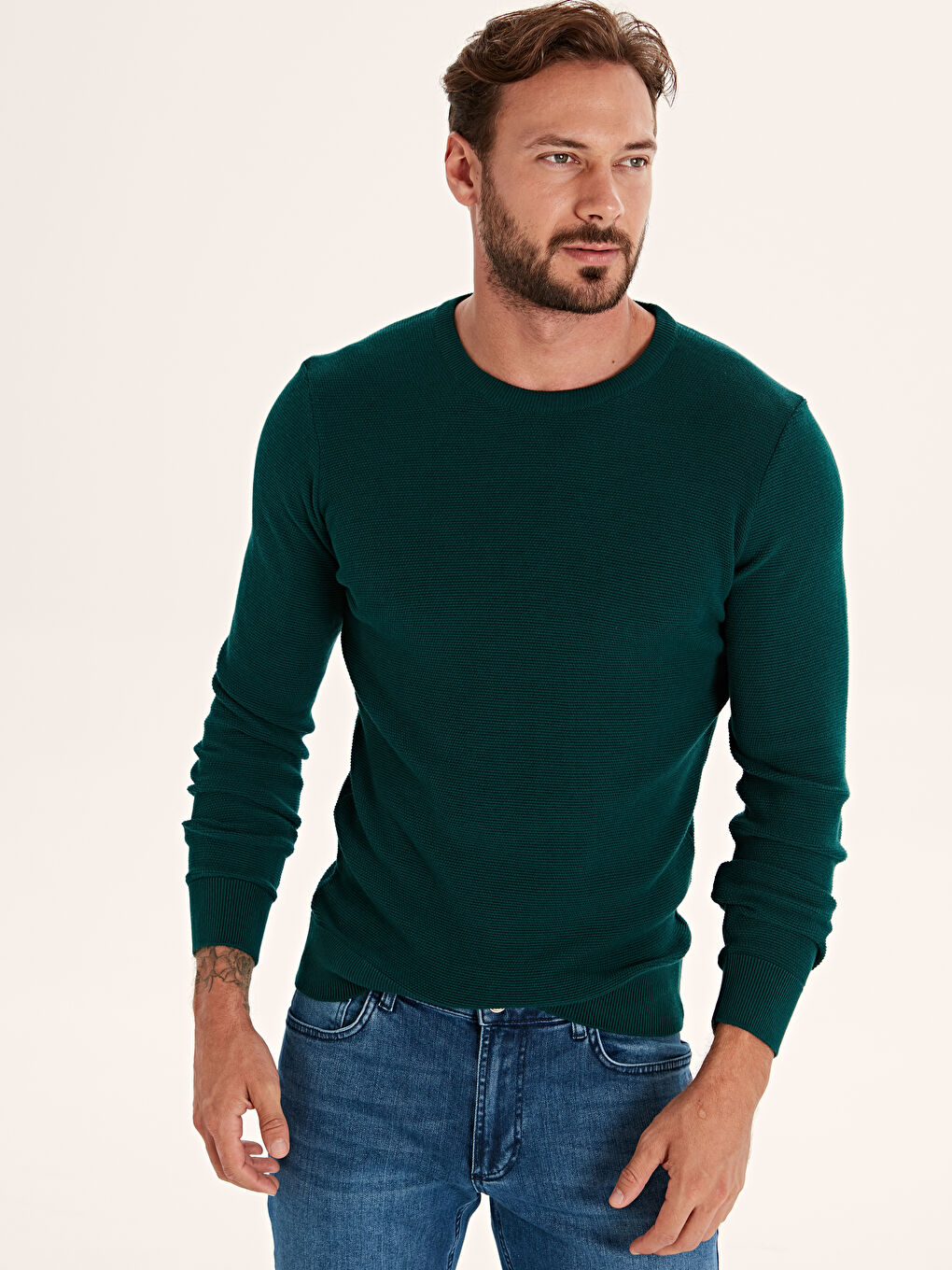 Yeşil Bisiklet Yaka Erkek Triko Kazak-1