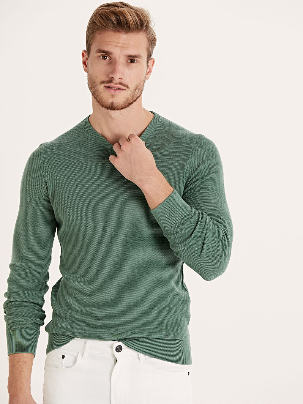 Yeşil Bisiklet Yaka Erkek Triko Kazak-1