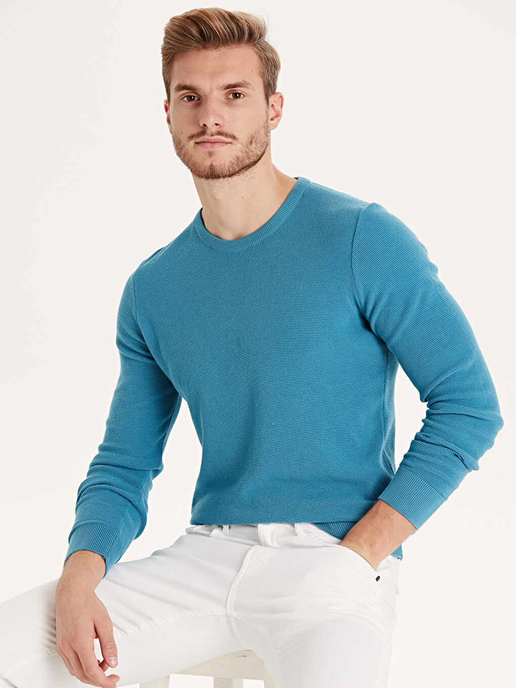 Turkuaz Bisiklet Yaka Erkek Triko Kazak-1