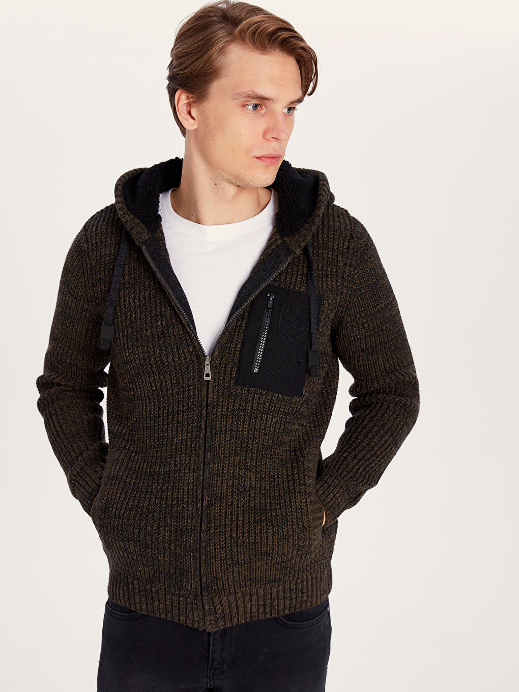 Haki Kapüşonlu Erkek Triko Hırka