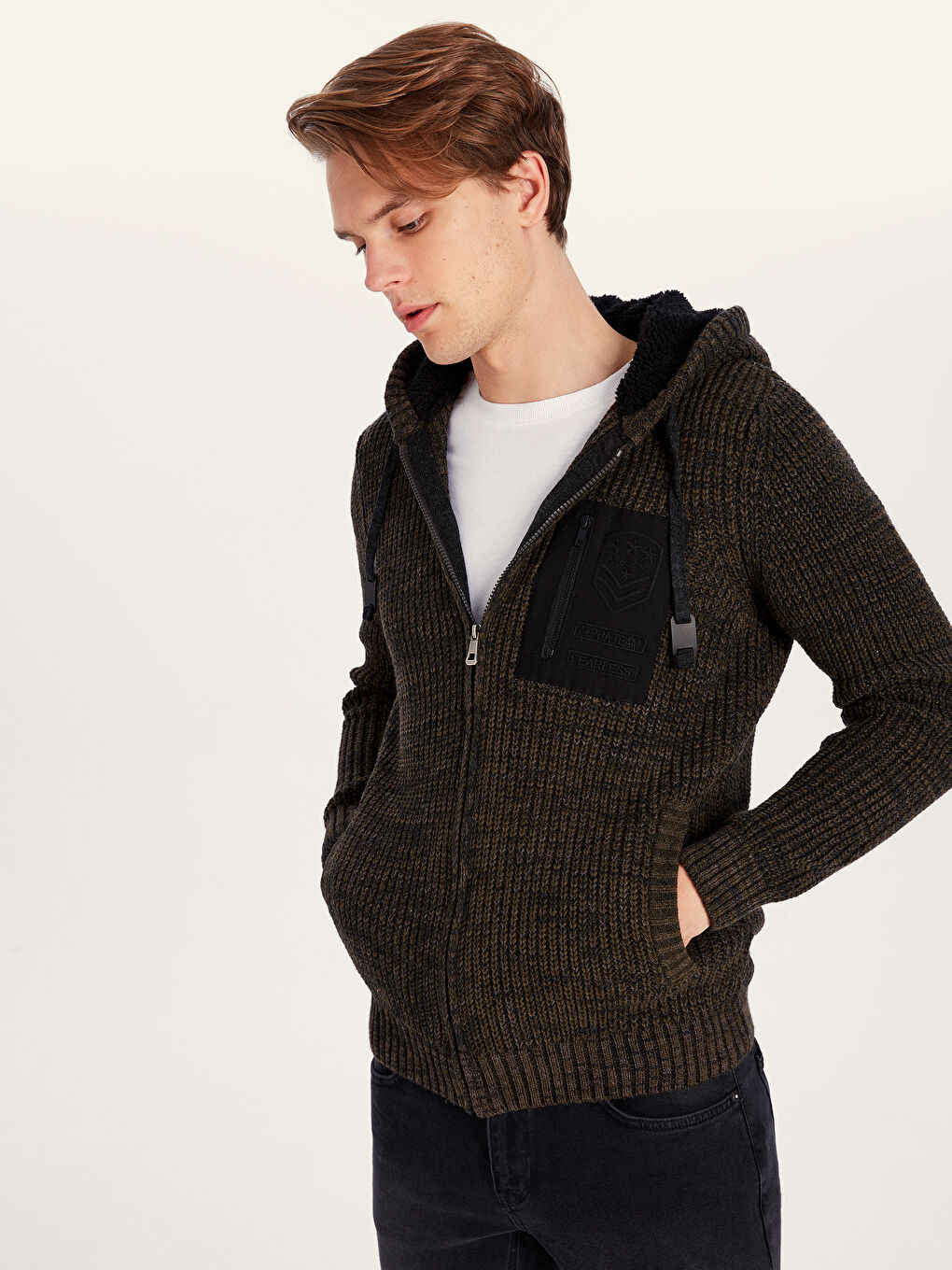 Haki Kapüşonlu Erkek Triko Hırka-1