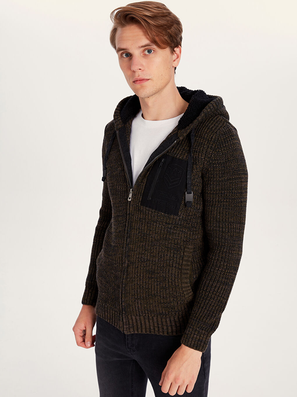 Haki Kapüşonlu Erkek Triko Hırka-2