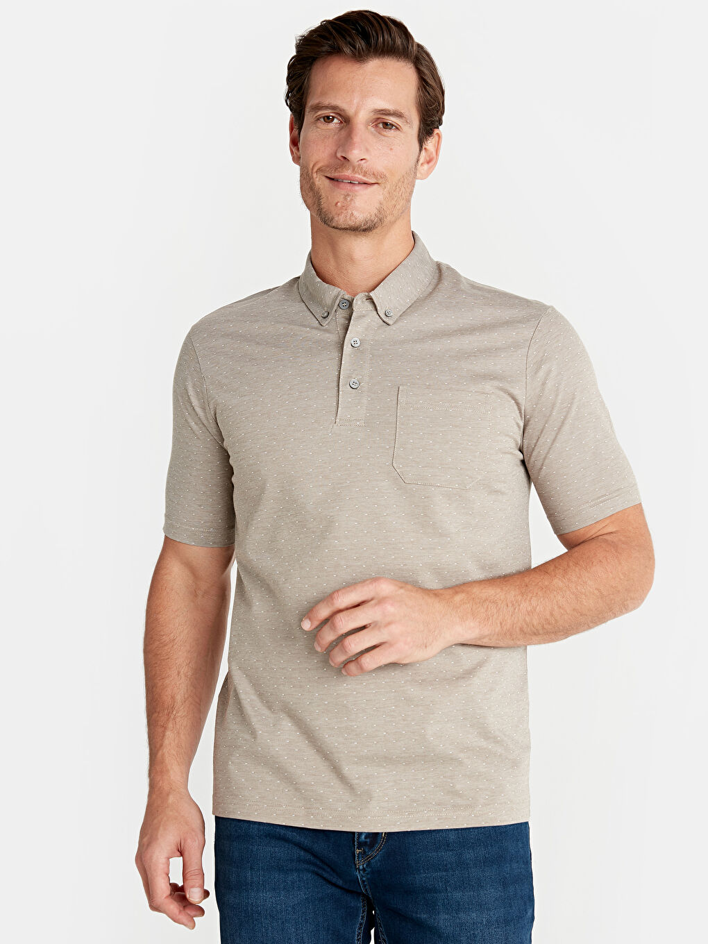 Bej Polo Yaka Kısa Kollu Penye Erkek Tişört