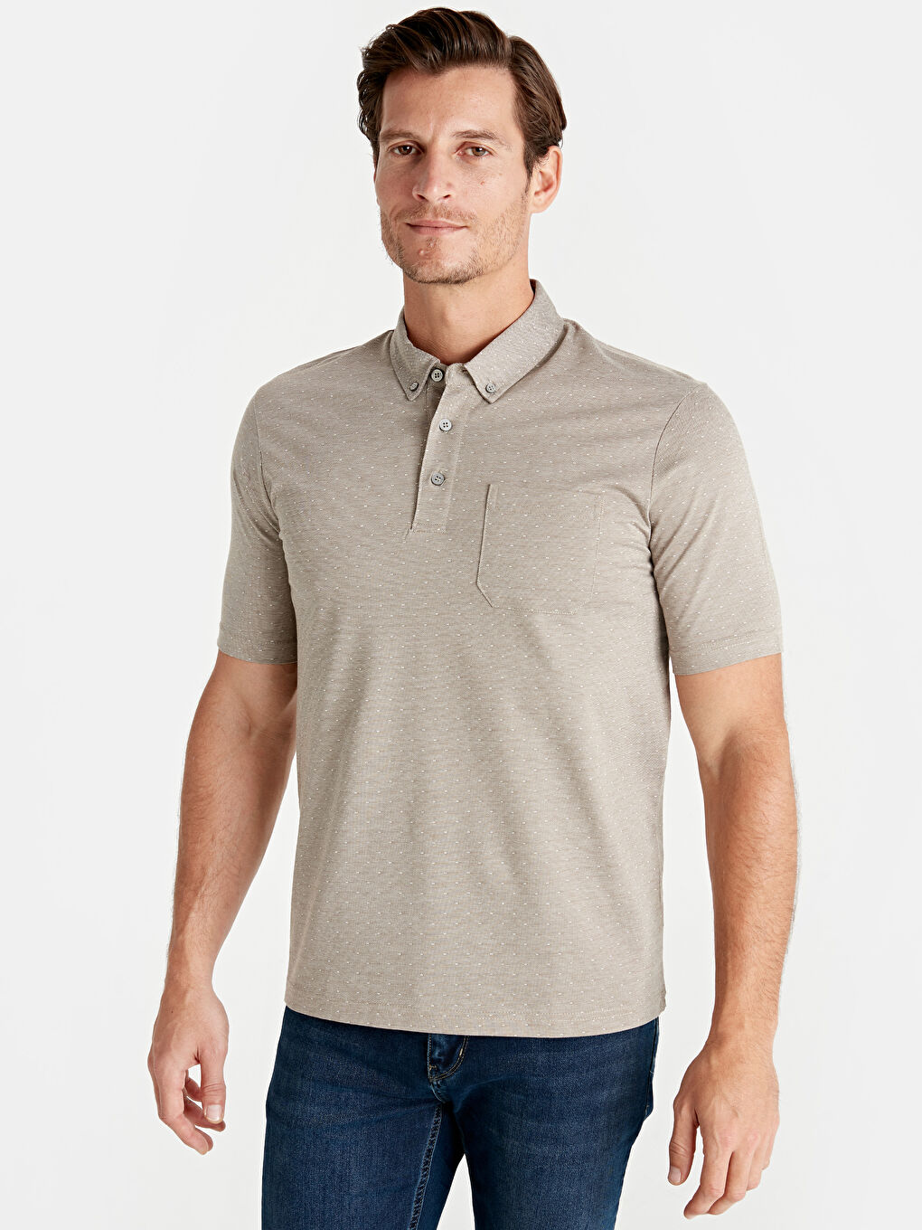 Bej Polo Yaka Kısa Kollu Penye Erkek Tişört-1