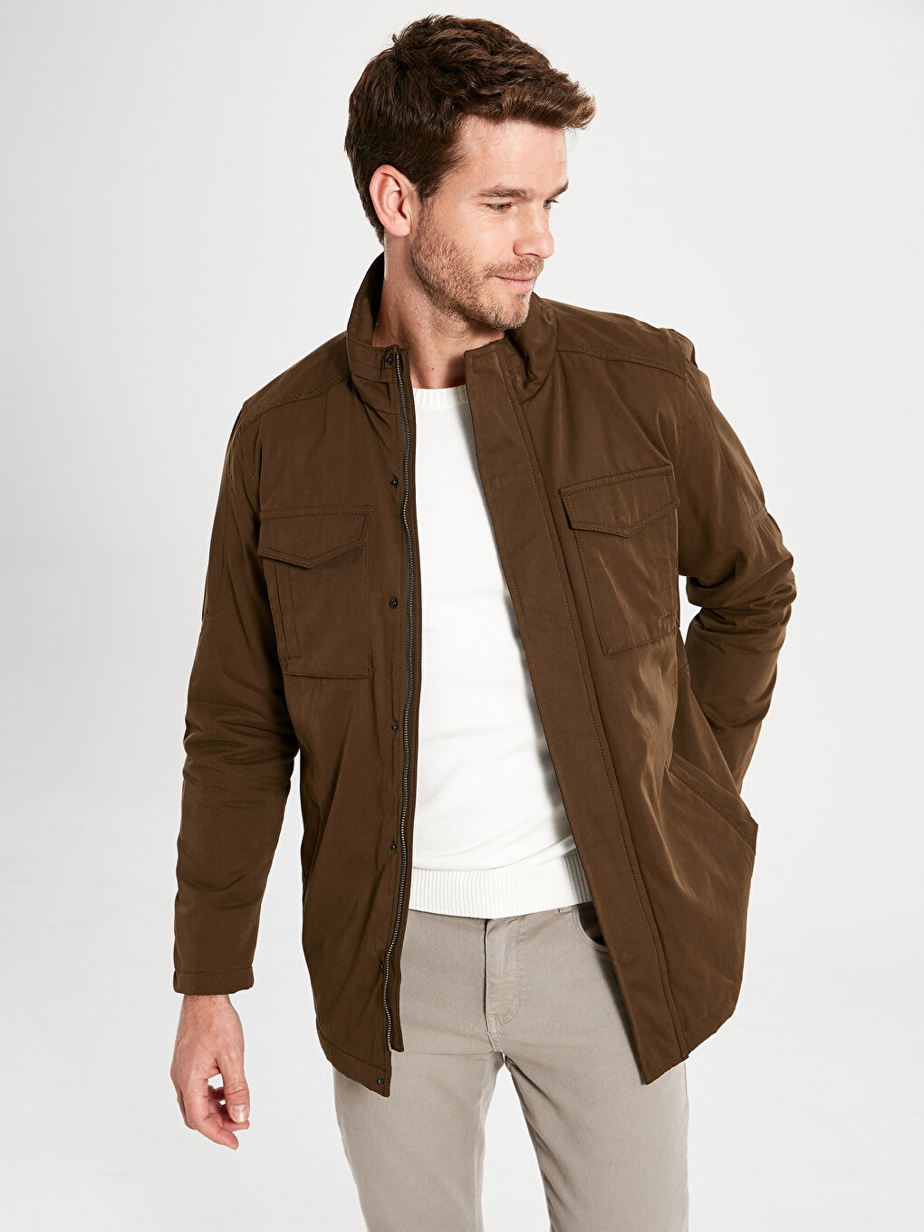 Haki Dik Yaka Erkek Mont-1