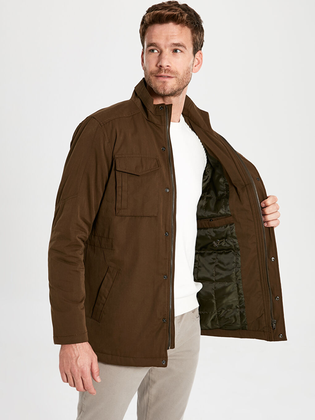 Haki Dik Yaka Erkek Mont-3