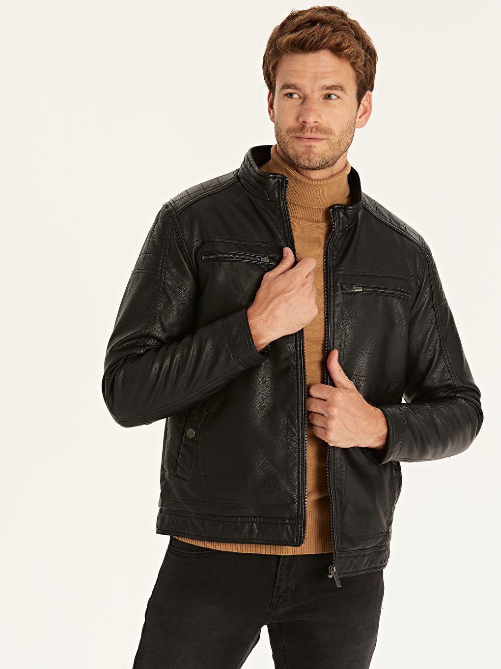 Siyah Erkek Deri Görünümlü Mont-1