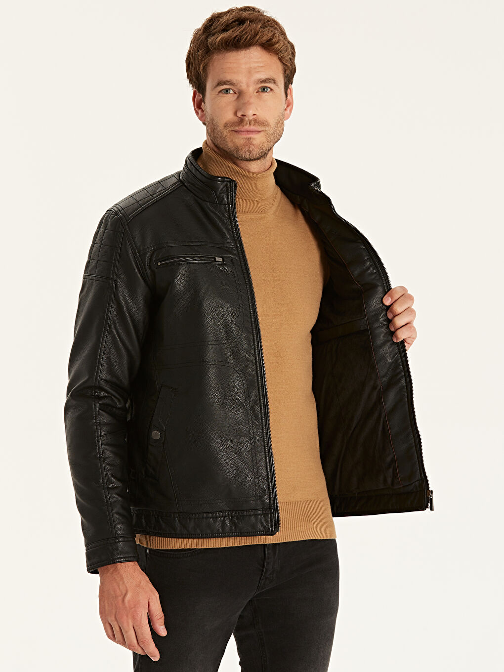 Siyah Erkek Deri Görünümlü Mont-2