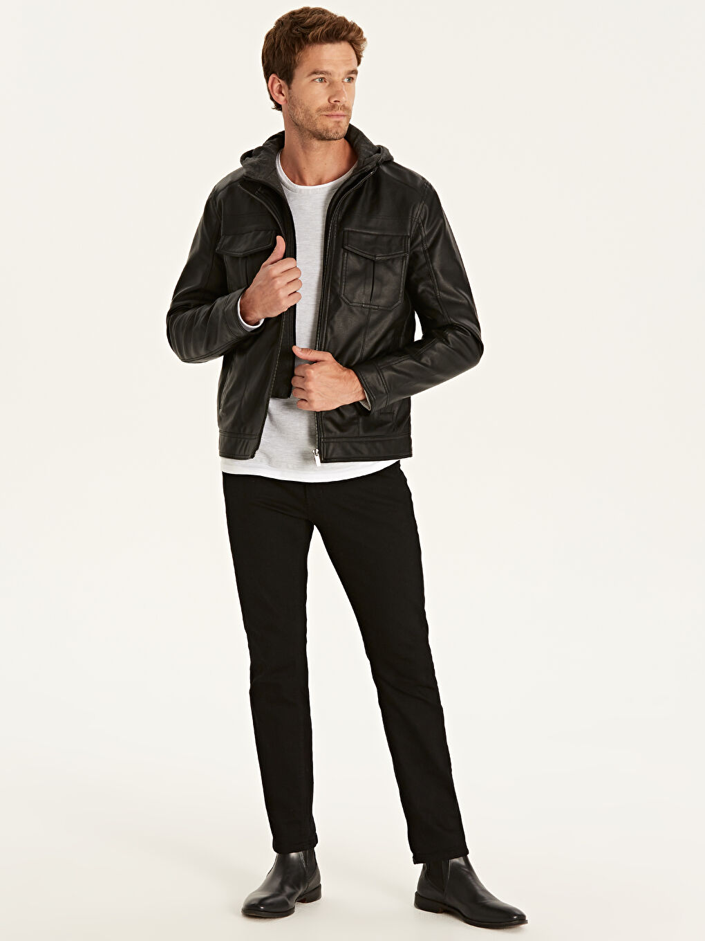 Siyah Dik Yaka Erkek Deri Görünümlü Mont-3