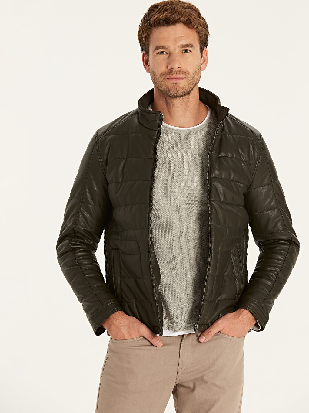 Geacă din piele ecologică KAKI Bărbat