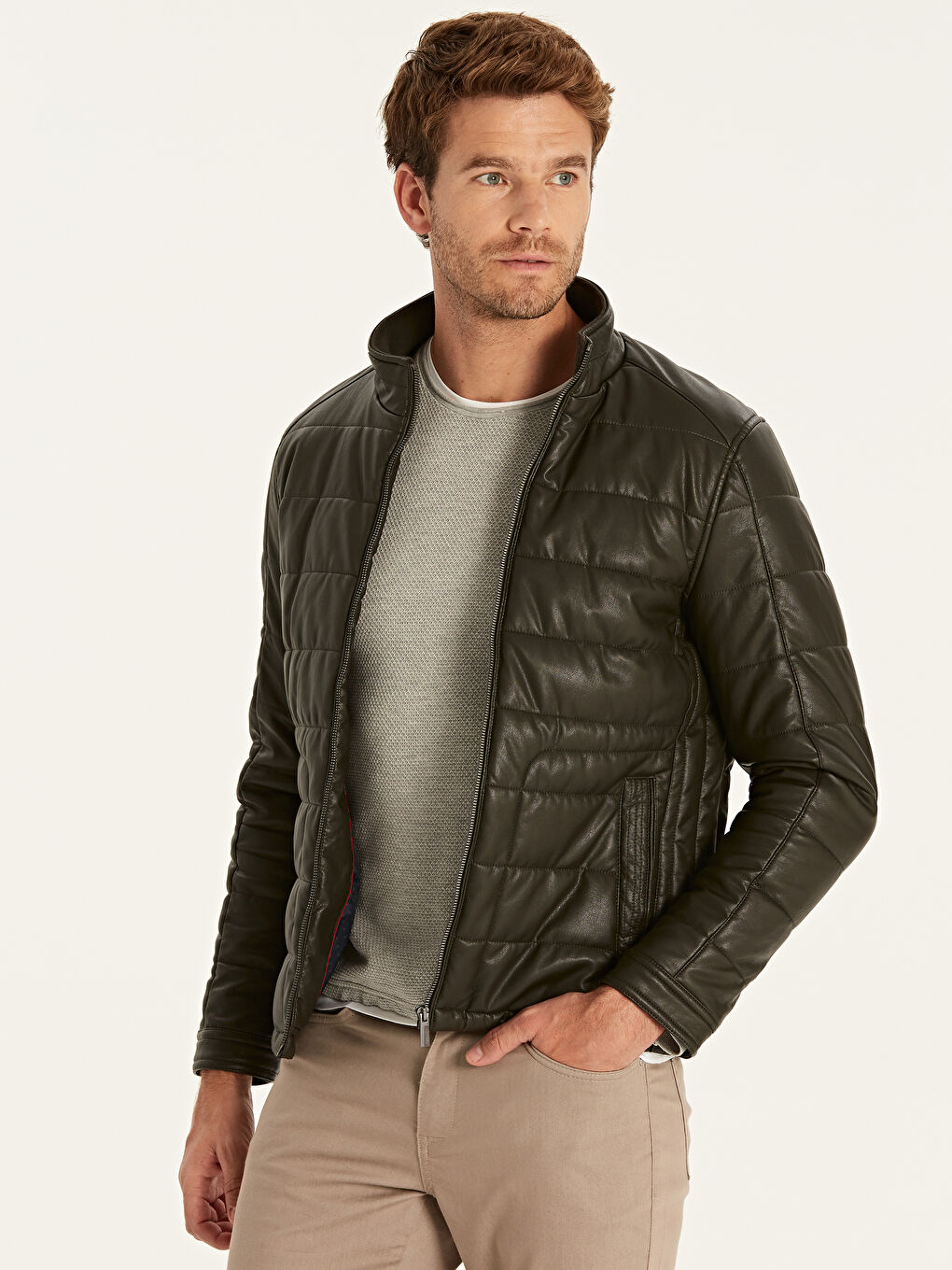 Geacă din piele ecologică KAKI Bărbat-1