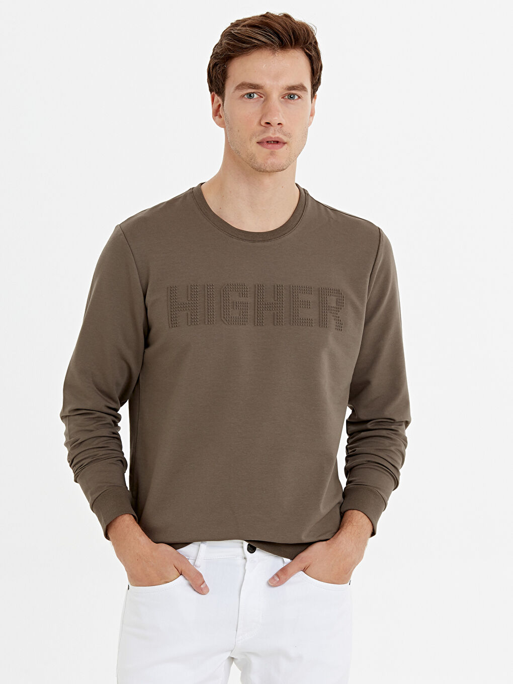 Kahverengi Bisiklet Yaka Uzun Kollu Erkek Sweatshirt