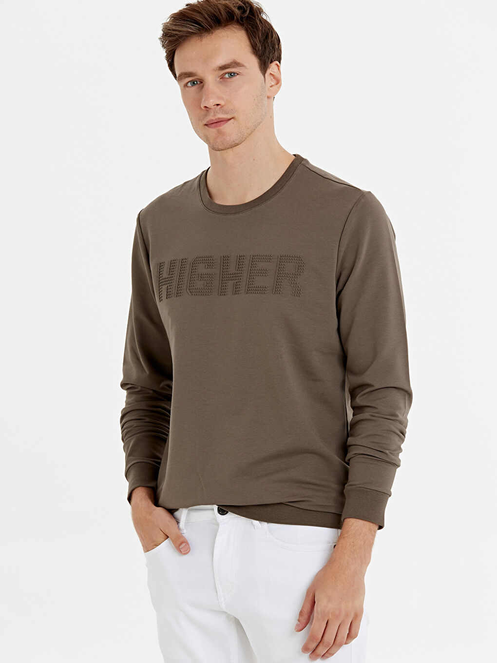 Kahverengi Bisiklet Yaka Uzun Kollu Erkek Sweatshirt-1