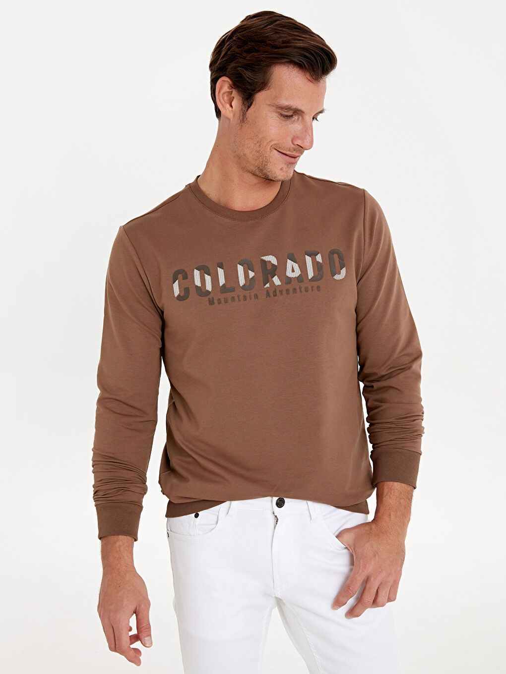 Kahverengi Bisiklet Yaka Uzun Kollu Erkek Sweatshirt