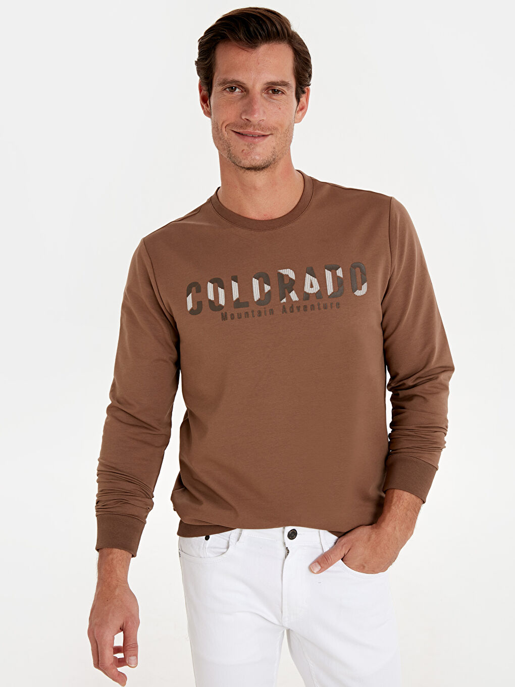 Kahverengi Bisiklet Yaka Uzun Kollu Erkek Sweatshirt-1