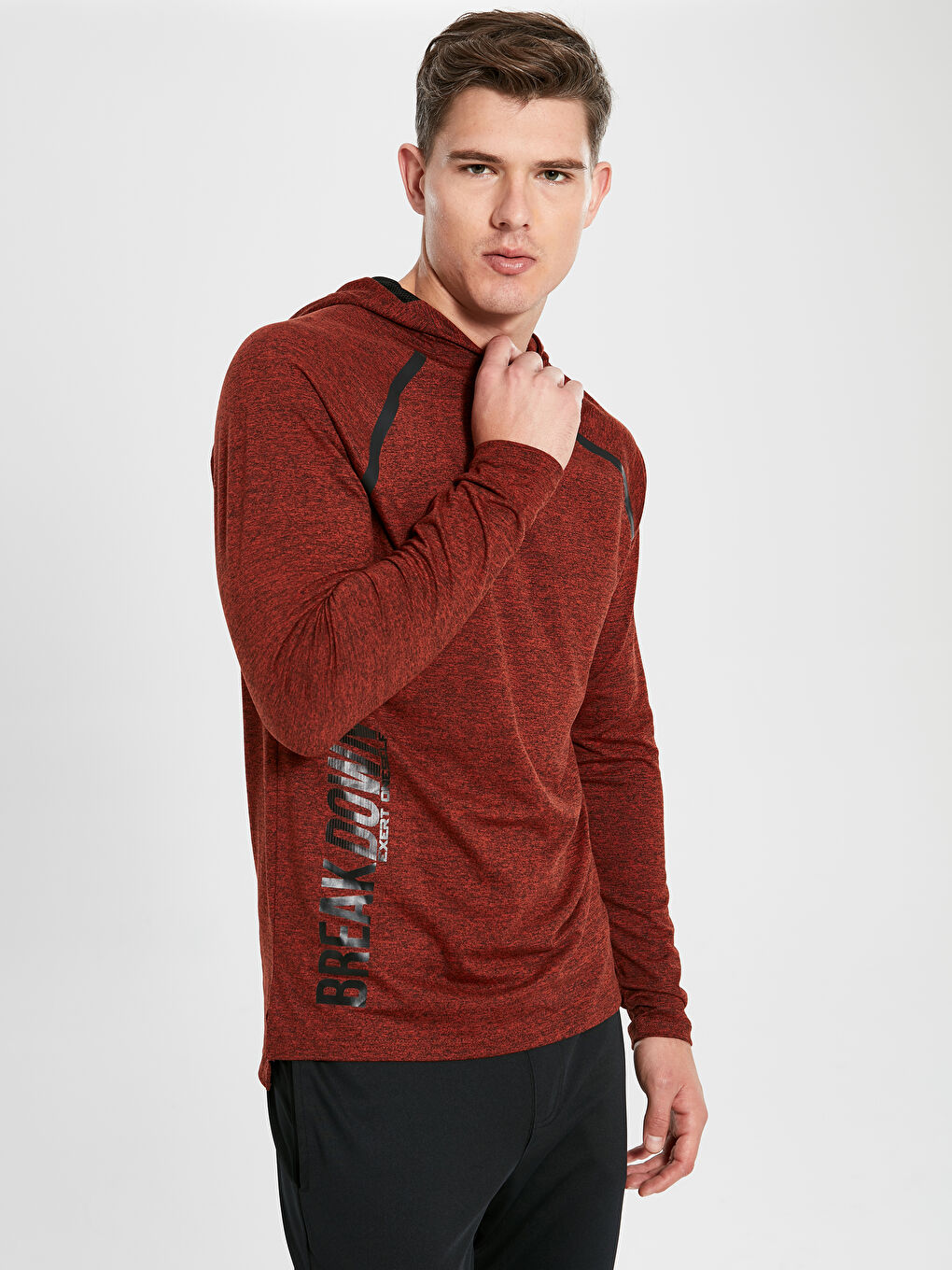 Turuncu Kapüşonlu Uzun Kollu Erkek Tişört-1