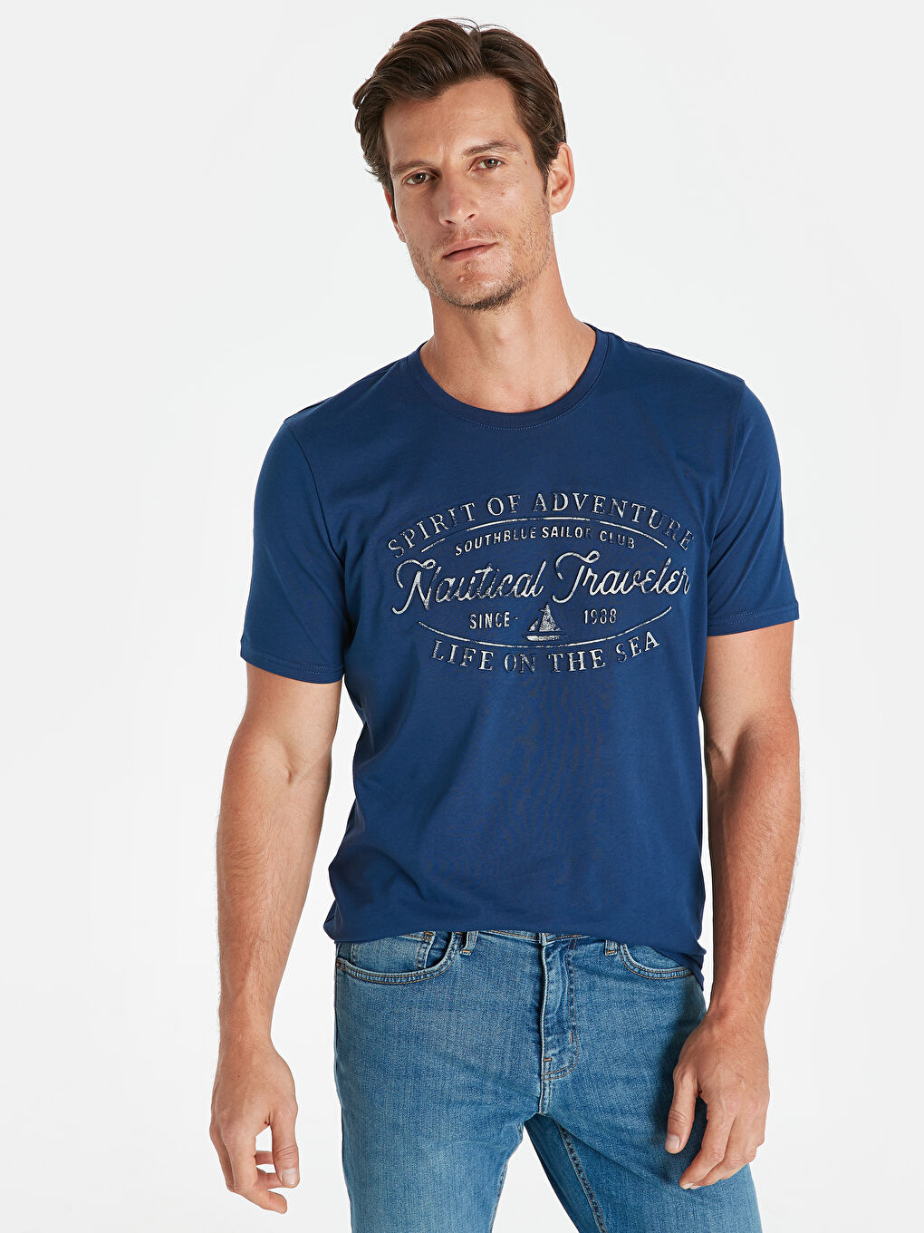 Lacivert Bisiklet Yaka Penye Erkek Tişört-1