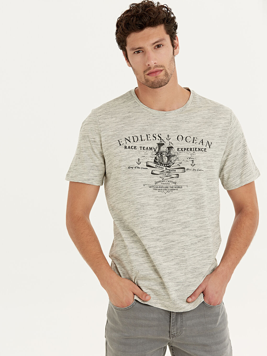 Gri Bisiklet Yaka Penye Erkek Tişört