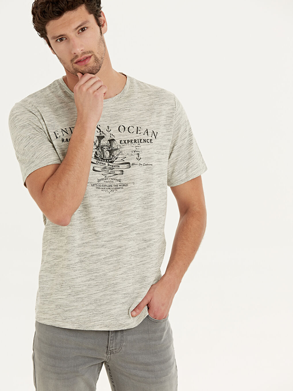 Gri Bisiklet Yaka Penye Erkek Tişört-1