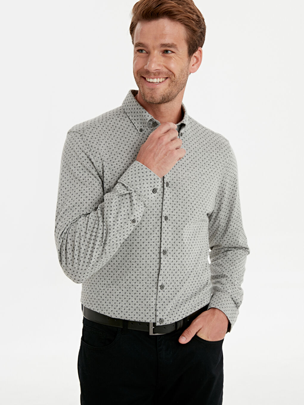 Gri Slim Fit Uzun Kollu Baskılı Örme Kumaş Gömlek