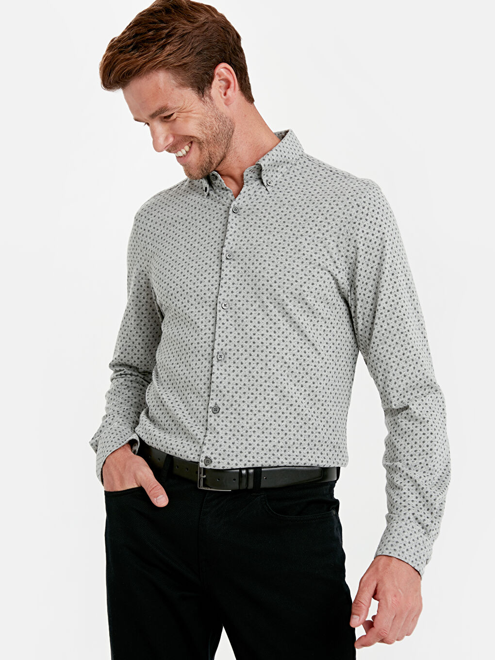 Gri Slim Fit Uzun Kollu Baskılı Örme Kumaş Gömlek-1