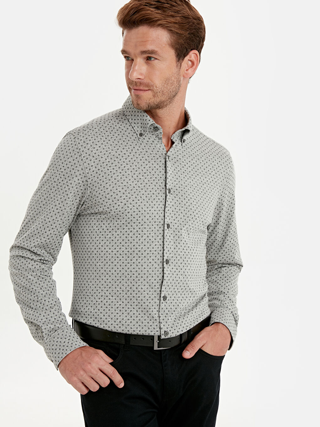 Gri Slim Fit Uzun Kollu Baskılı Örme Kumaş Gömlek-2
