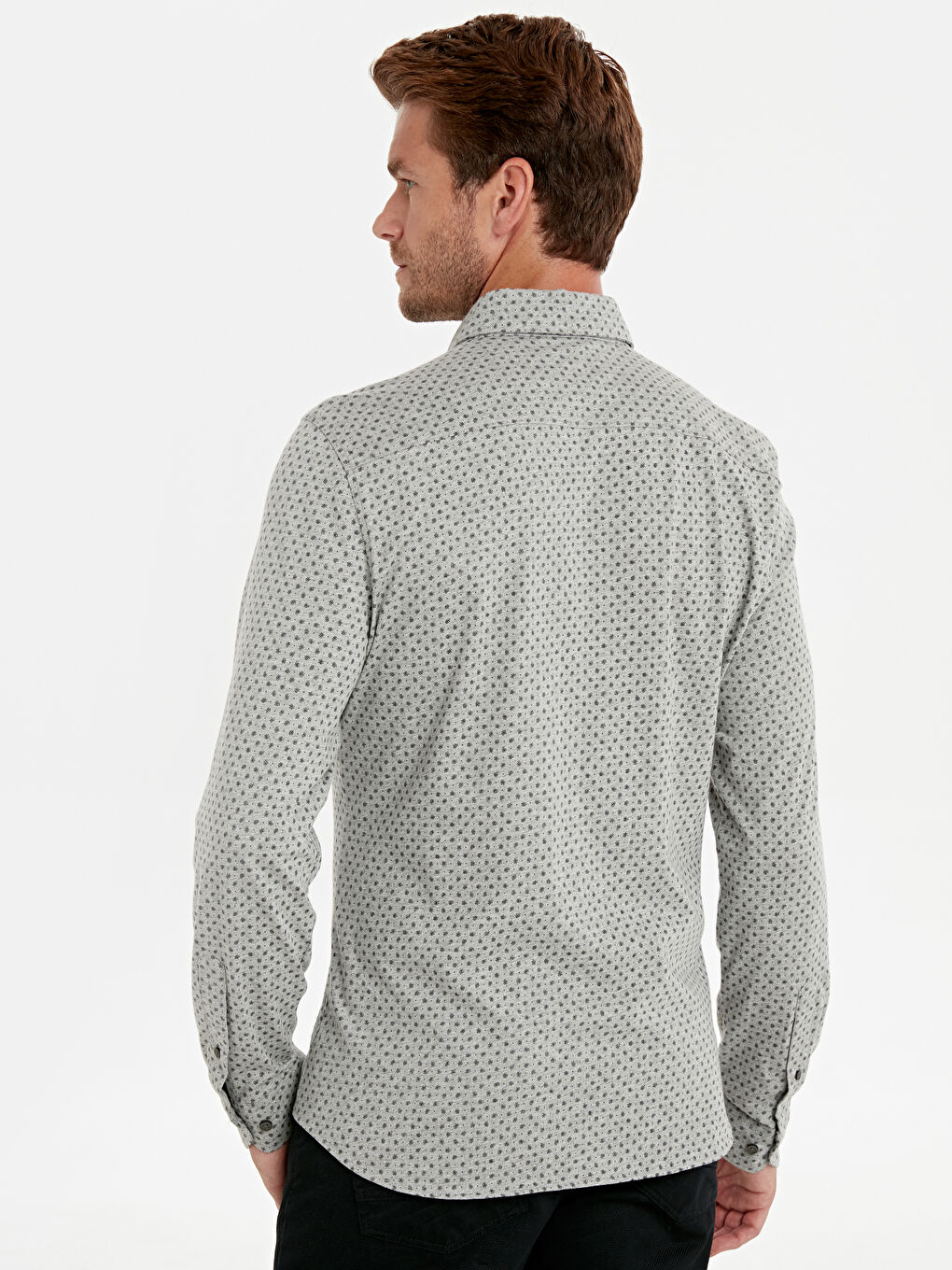 Gri Slim Fit Uzun Kollu Baskılı Örme Kumaş Gömlek-3