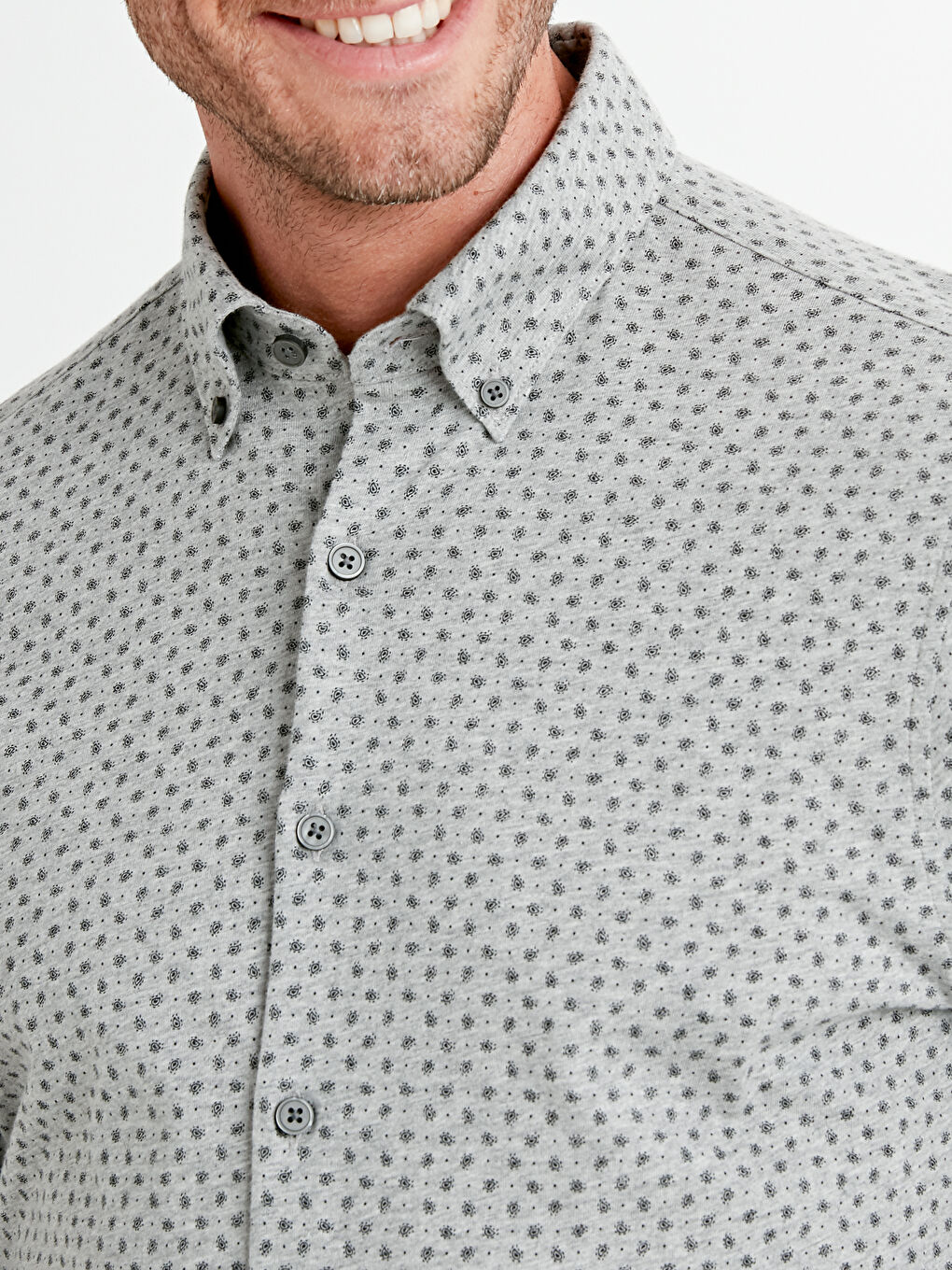 Gri Slim Fit Uzun Kollu Baskılı Örme Kumaş Gömlek-4
