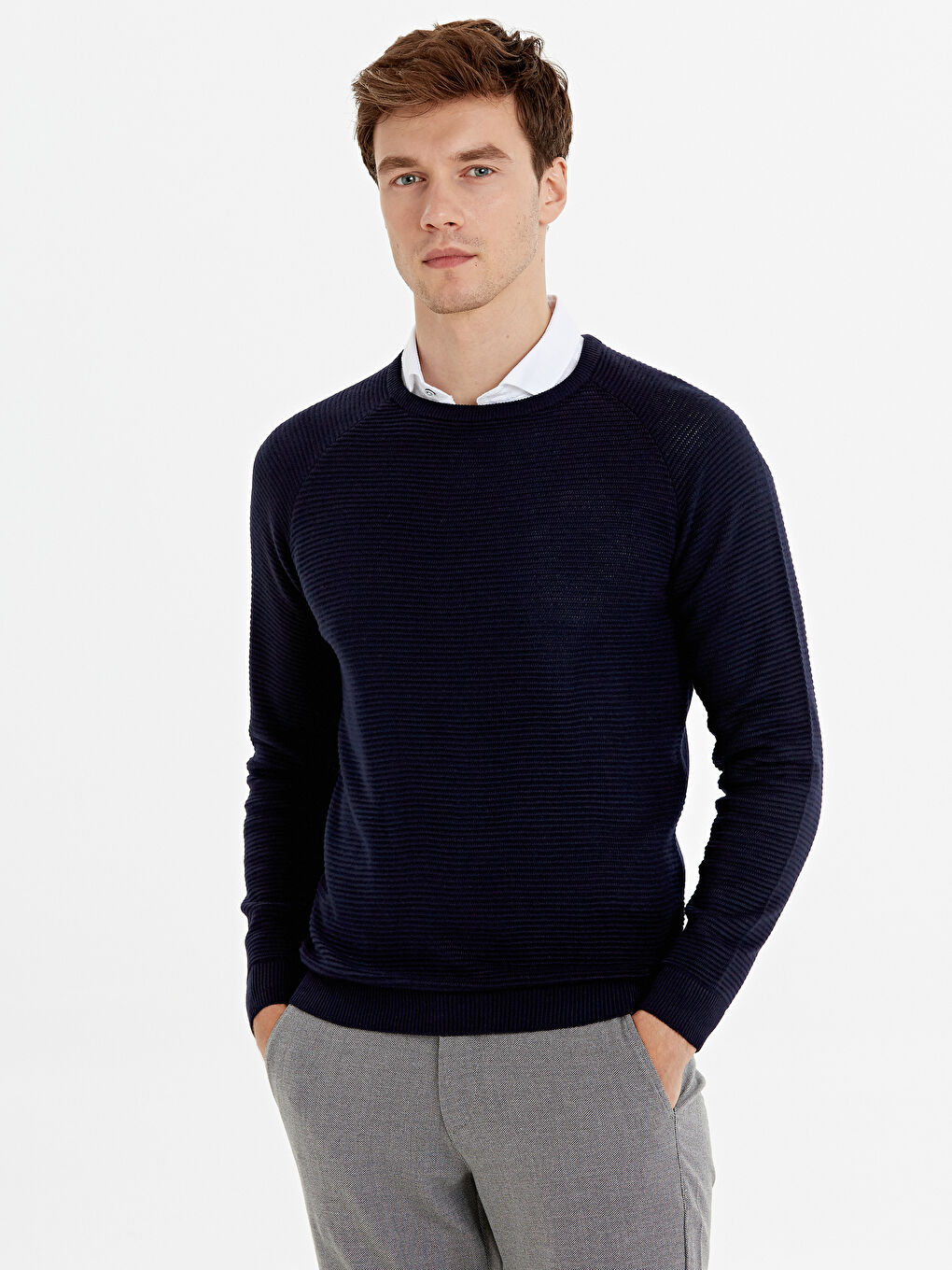 Lacivert Bisiklet Yaka Uzun Kollu İnce Erkek Triko Kazak