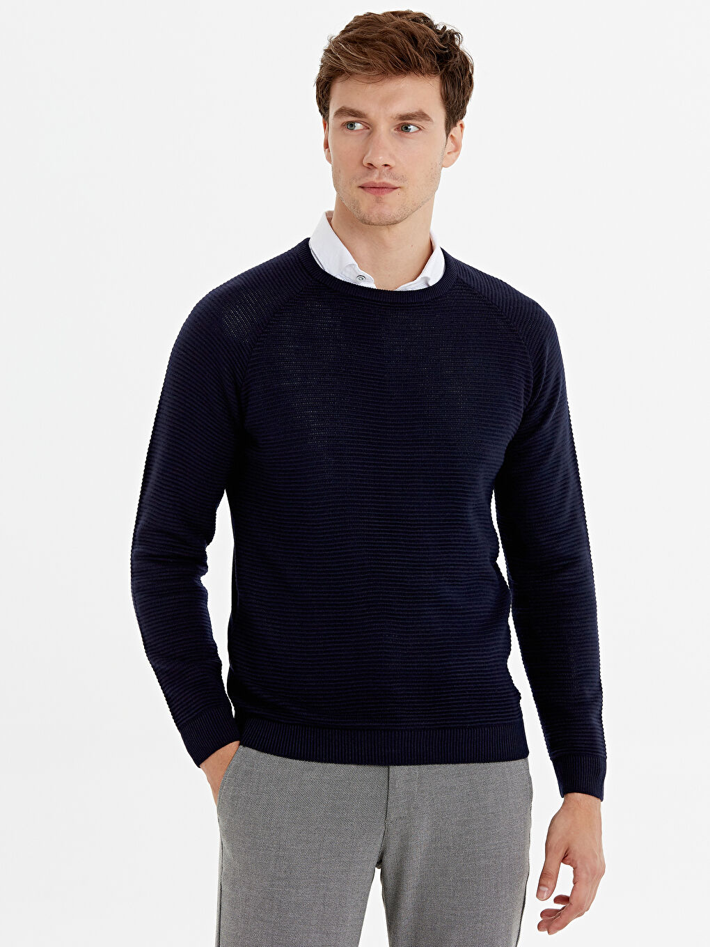 Lacivert Bisiklet Yaka Uzun Kollu İnce Erkek Triko Kazak-1