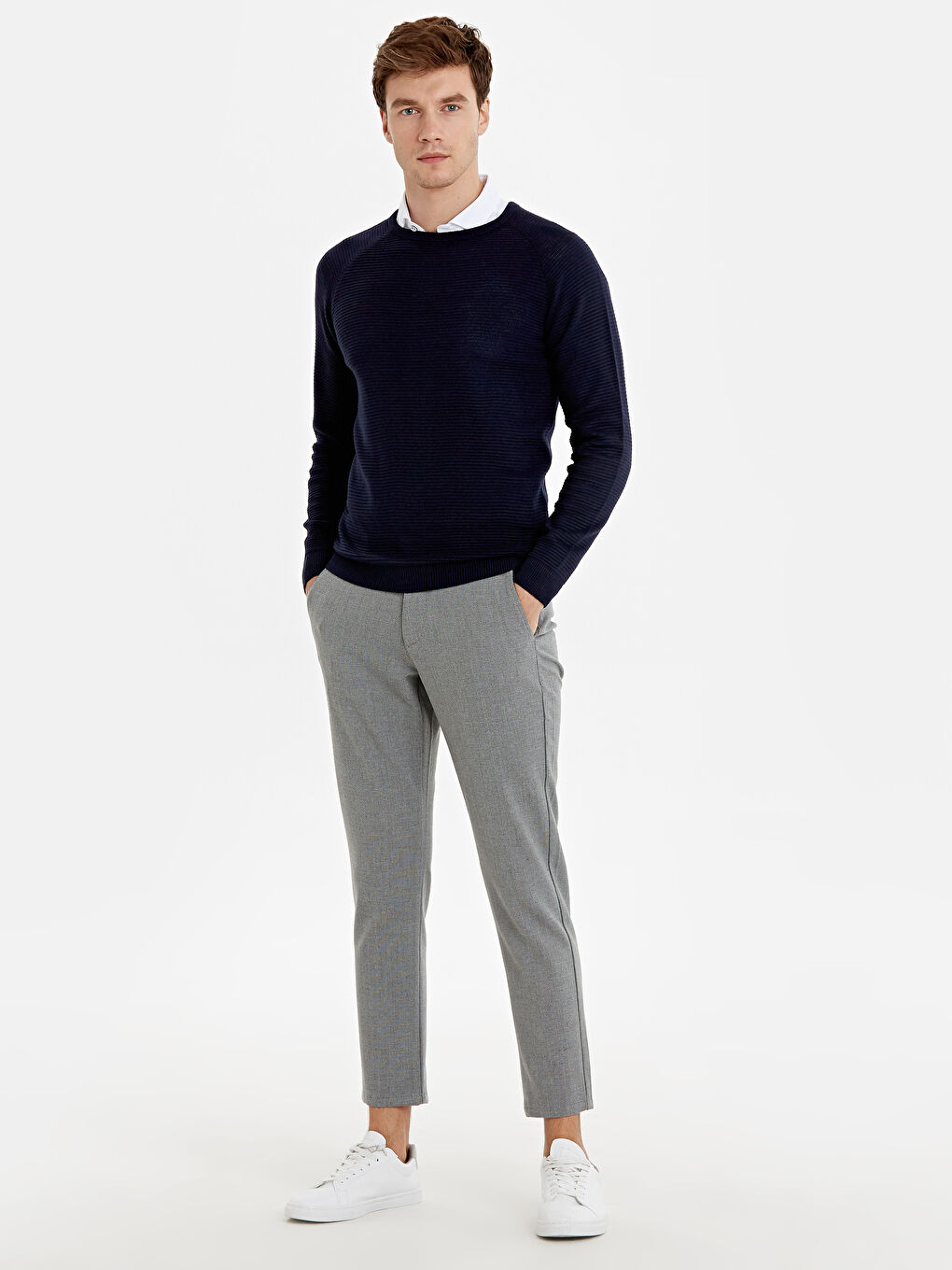 Lacivert Bisiklet Yaka Uzun Kollu İnce Erkek Triko Kazak-3