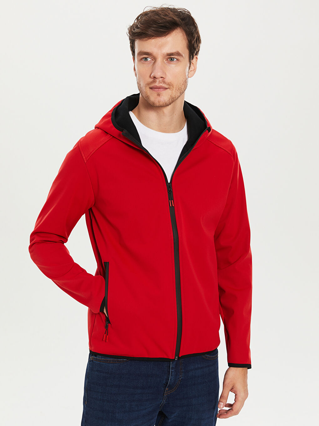 Kırmızı Dik Yaka Kapüşonlu Erkek Yağmurluk