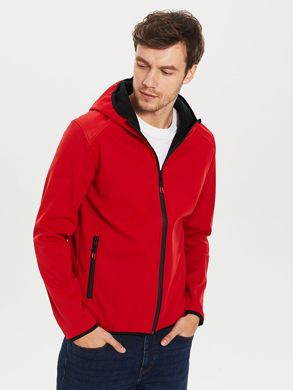 Kırmızı Dik Yaka Kapüşonlu Erkek Yağmurluk-1