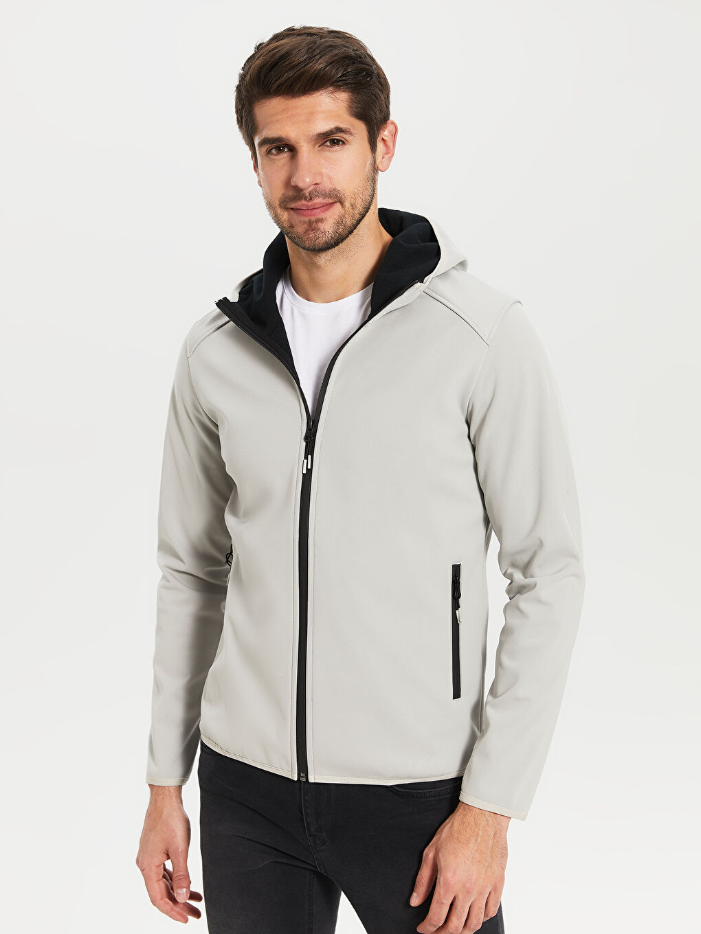 Bej Dik Yaka Kapüşonlu Erkek Yağmurluk