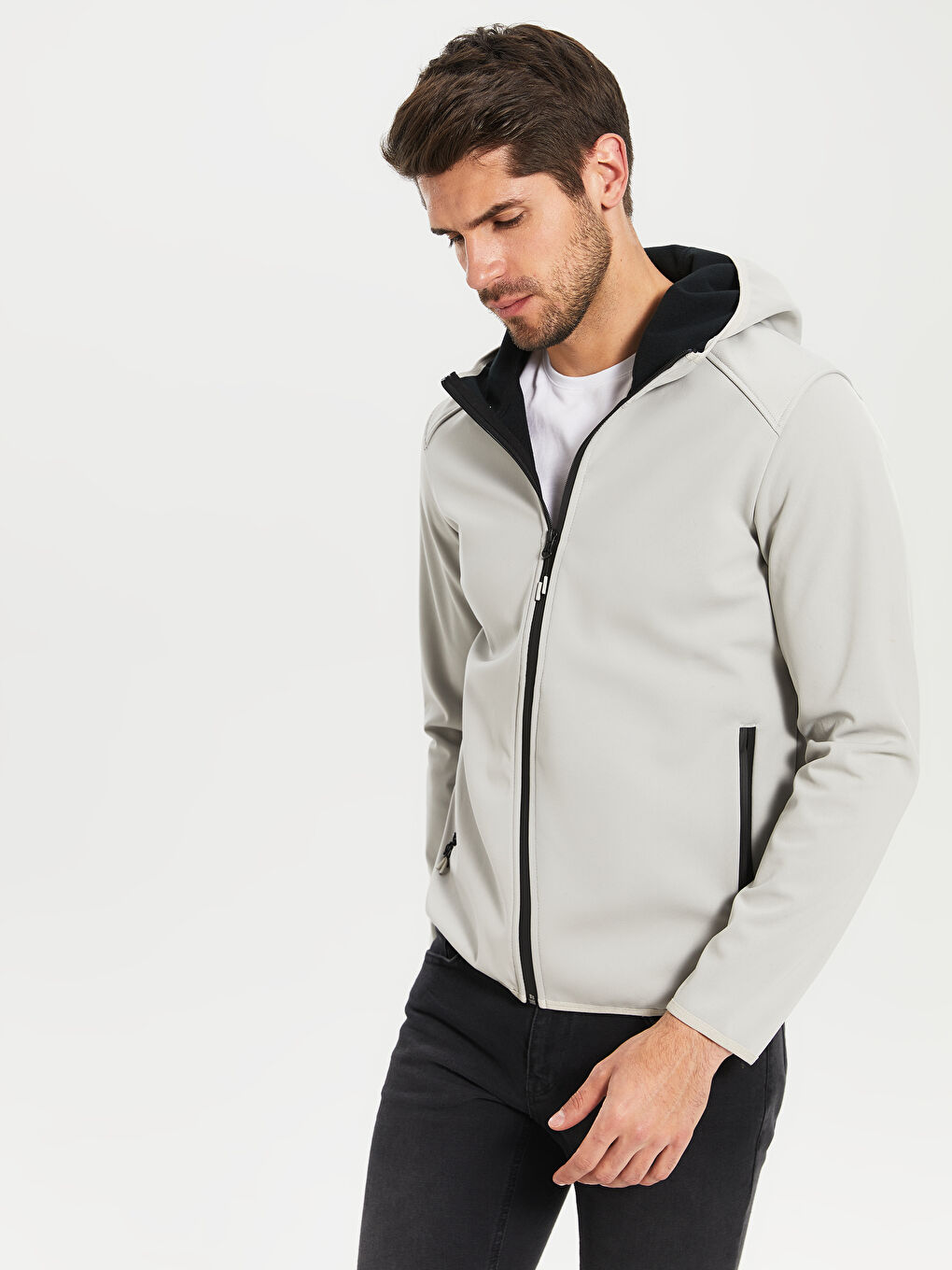 Bej Dik Yaka Kapüşonlu Erkek Yağmurluk-1