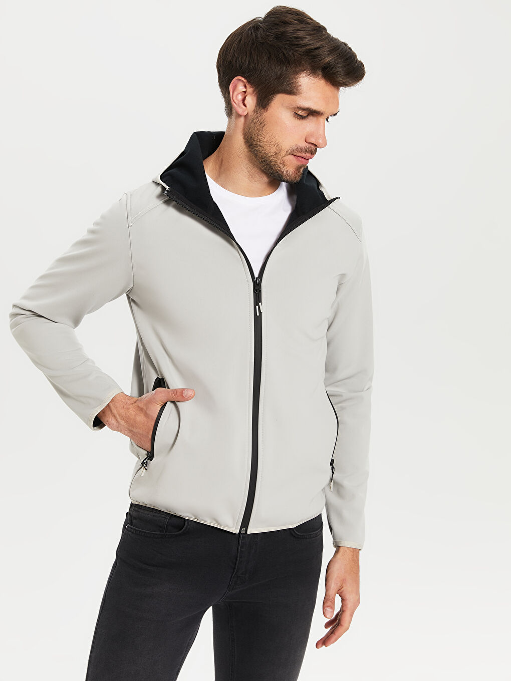 Bej Dik Yaka Kapüşonlu Erkek Yağmurluk-2