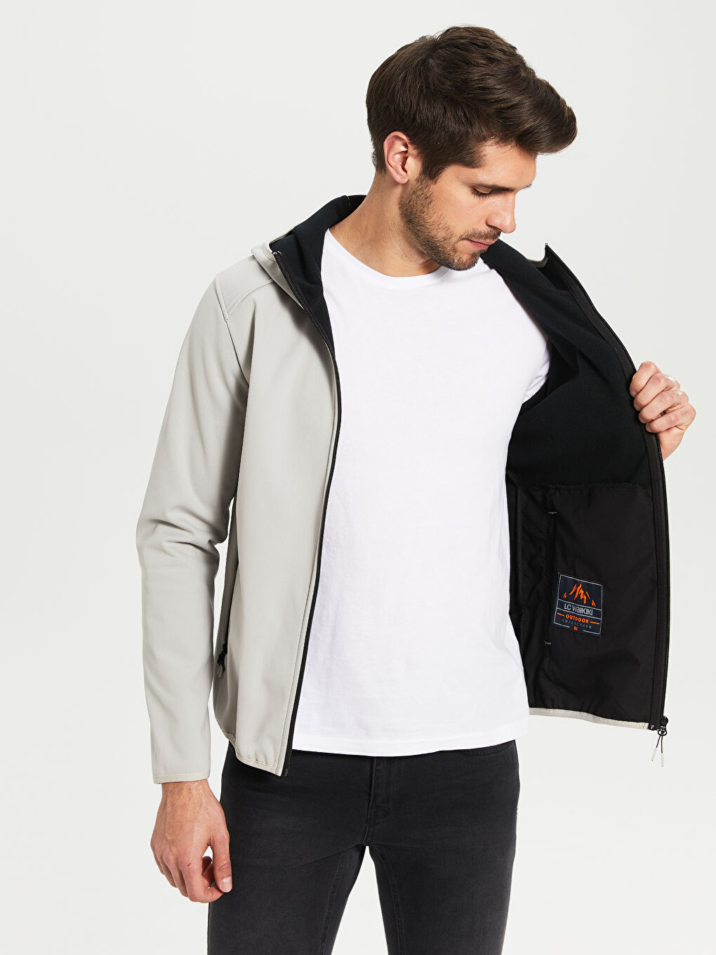 Bej Dik Yaka Kapüşonlu Erkek Yağmurluk-3