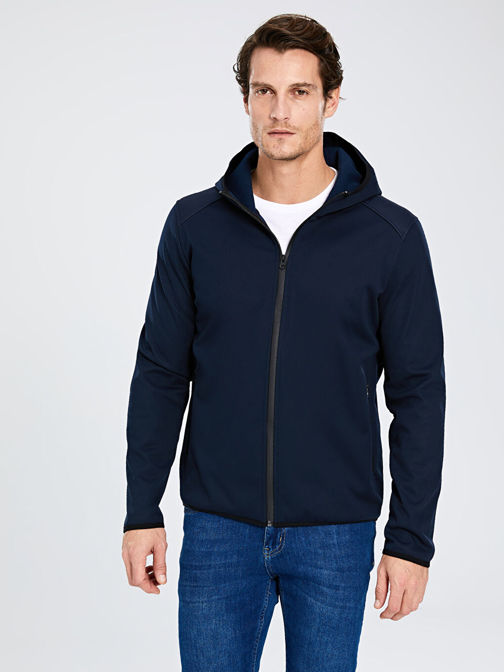 Lacivert Dik Yaka Kapüşonlu Erkek Yağmurluk-1