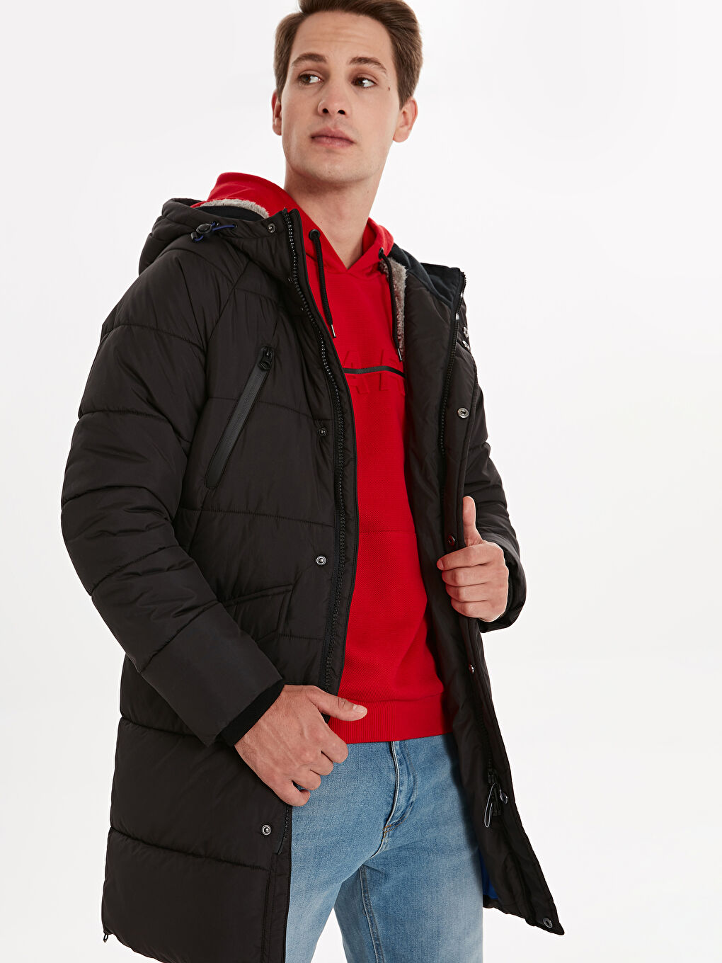 Siyah Standart Kalıp Dik Yaka Erkek Parka