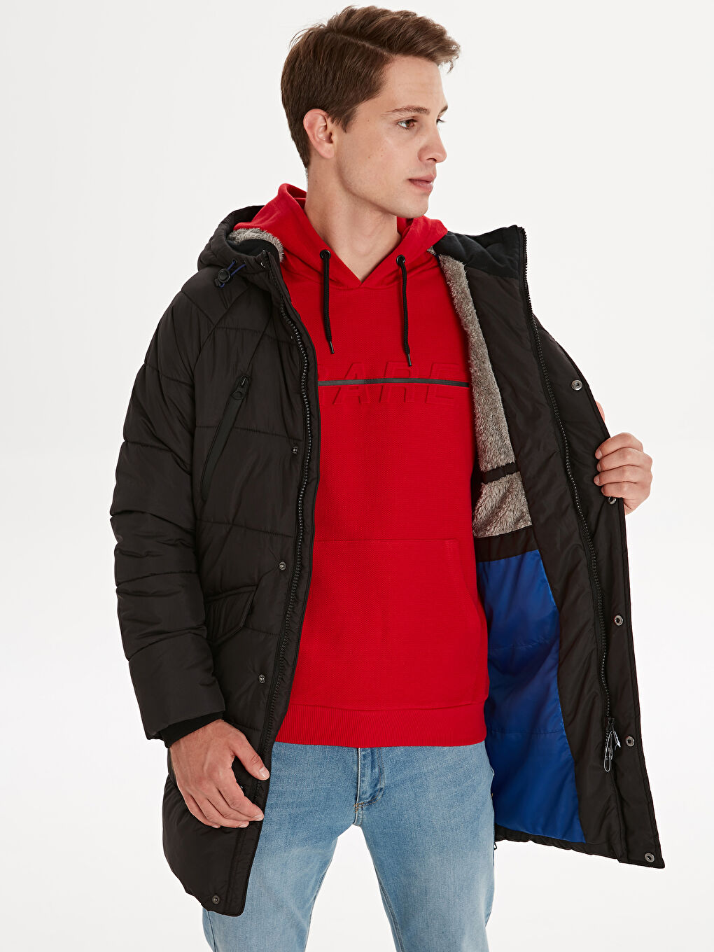 Siyah Standart Kalıp Dik Yaka Erkek Parka-1