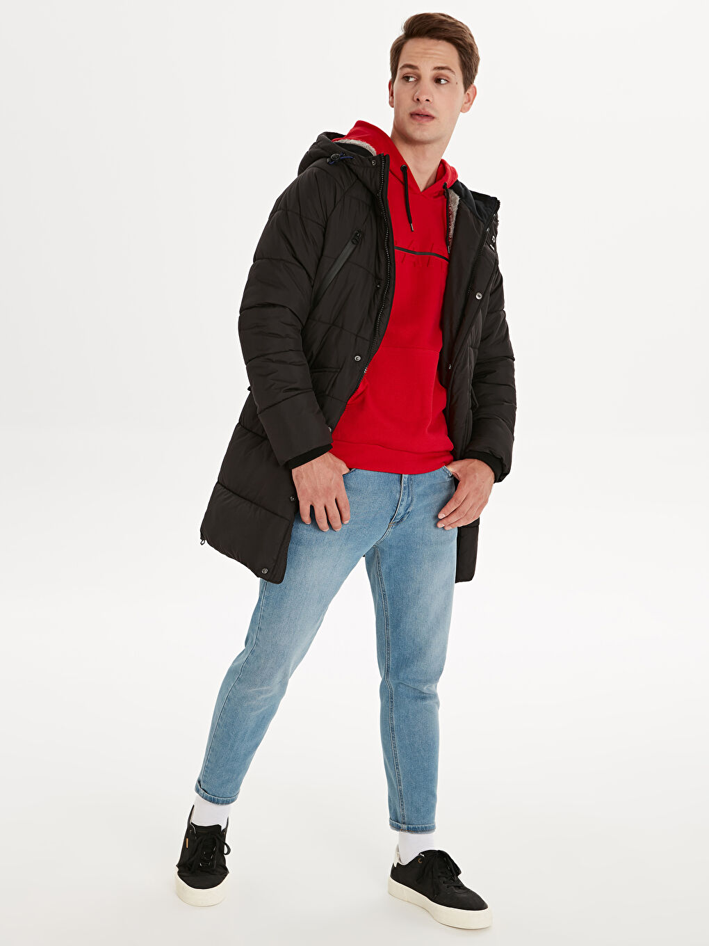 Siyah Standart Kalıp Dik Yaka Erkek Parka-3