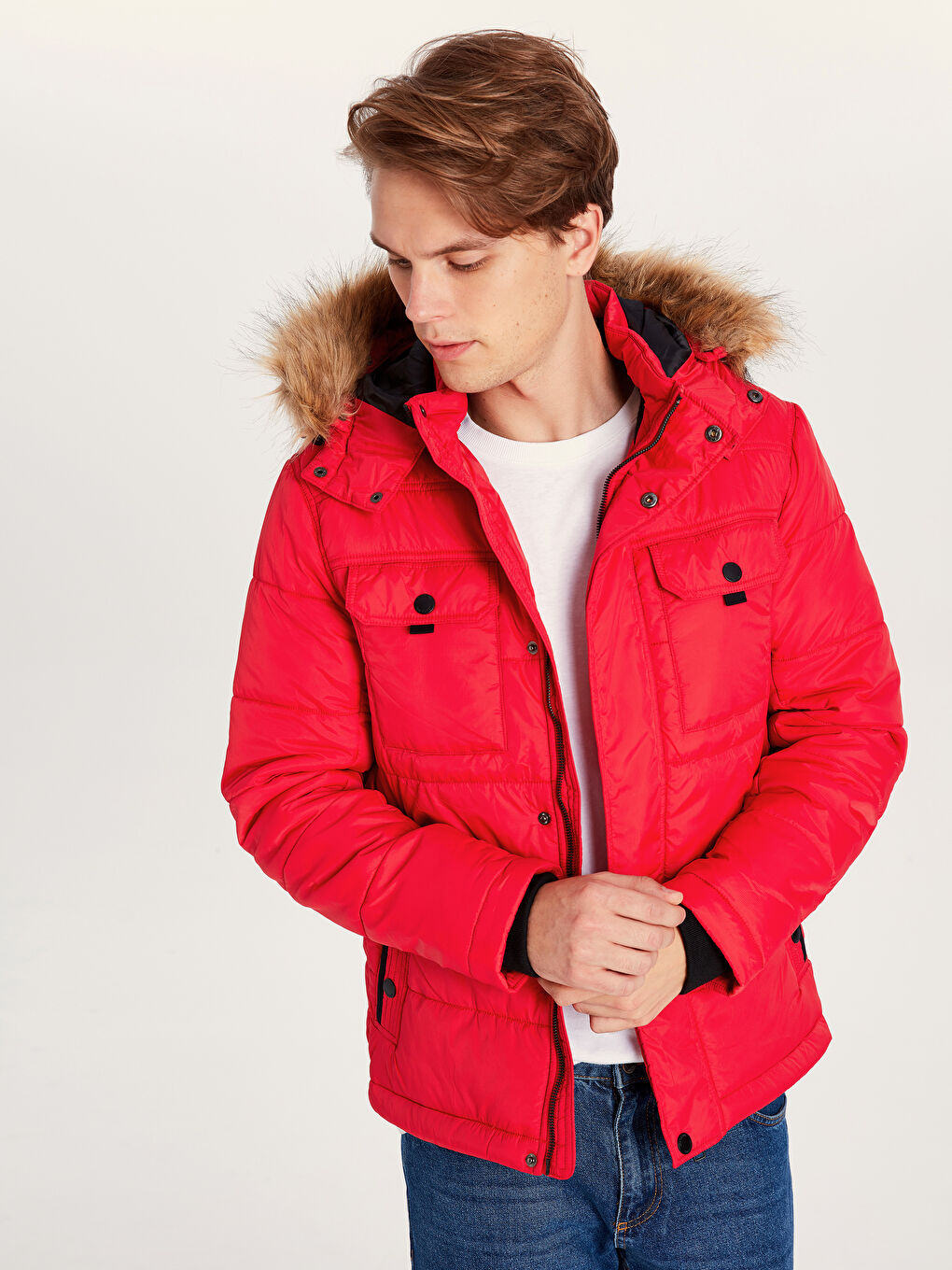 Kırmızı Dik Yaka Erkek Şişme Mont-1