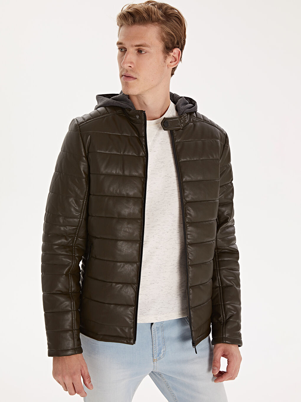 Haki Dik Yaka Erkek Deri Görünümlü Mont-1